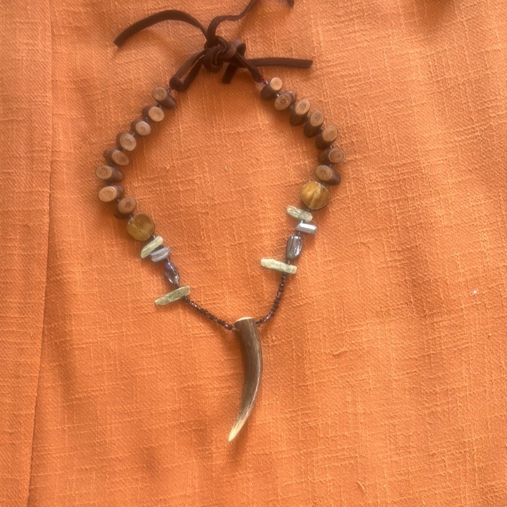 Boho Gypsy Sisters Brown and Blue Beaded Necklace with Claw Pendant